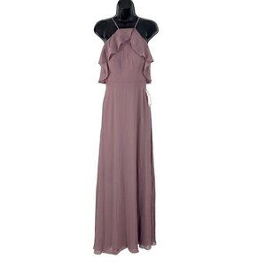 Birdy Grey Jules Chiffon Ruffle Halter Floor‎ Length Dress Gown Dark Mauve Small